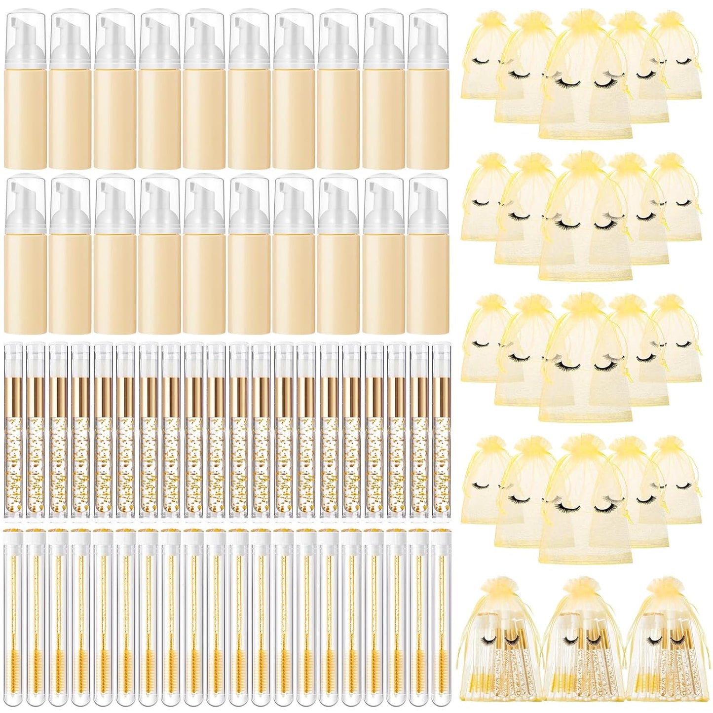 Zhehao 80 Pcs Lash Shampoo Bottle Brushes Kit 20 Foam Pump Dispensers 20 Lash Shampoo Brushes 20 Eyelash Aftercare Bag 20 Cleaning Pipes, Eyelash Extension Supplies(Gold)