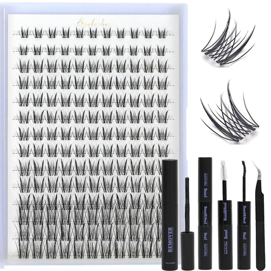 Lash Clusters Kit, Eyelash Clusters Individual Lash Extension Kit D Curl Fluffy Wispy False Eyelashes Extensions Thin Band with Bond Seal Tweezers Brush (Lash Clusters With Tool, SMY 8-16mm)
