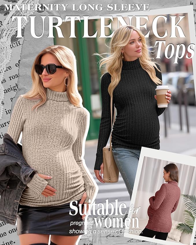 3 Pack Maternity T-Shirts Pregnancy Tops Women Sweater Long Sleeve Turtleneck Ribbed Finger Sleeve Outfits
