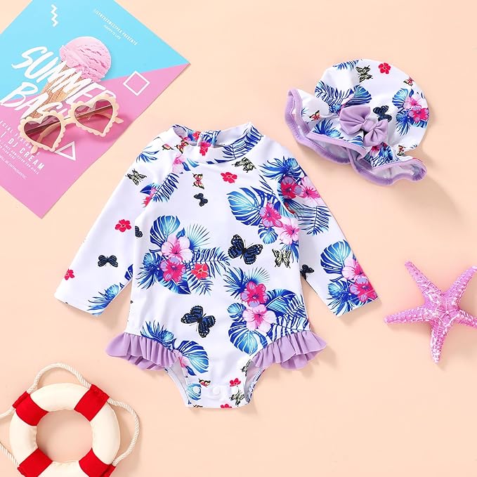 Infant Baby Girl Swimsuit One-Piece Long Sleeve Rash Guard with Hat Set Floral Zipper Bathing Suit Leopard Beach Wear