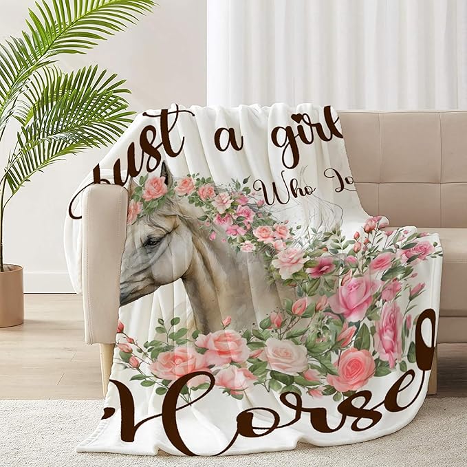 Just A Girl Who Loves Horses Blanket for Boys Girls, Flowers Animals Kids Throw Blanket Gift for Child, Fluffy Cozy Soft Lightweight Blankets for Bed Office, 40x50 Inches