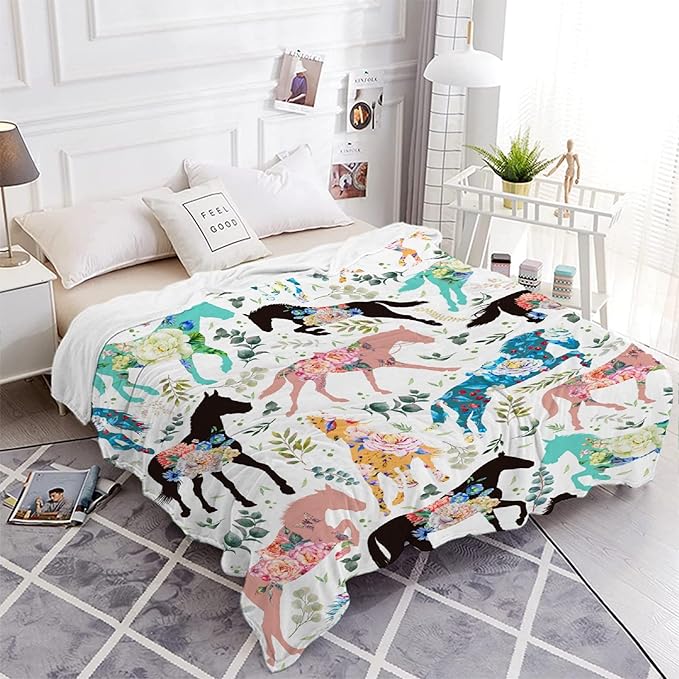 Colorful Floral Horse Blanket for Baby Girls Flowers Animals Throw Blanket for Boys, Lightweight Cute Horse Soft Flannel Blankets for Kids Gifts, 30x40 Inches