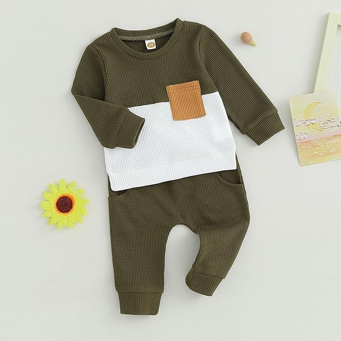Toddler Baby Boy Fall Clothes Waffle Contrast Color Sweatshirt Pants Sets Infant Winter Outfits 6 12 18 24 Months