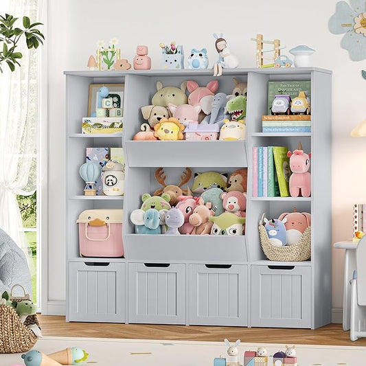 FINETONES Toy Organizers and Storage with 4 Movable Drawers, Large Toy Storage Organizer with 8 Open Storage Cubbies, Kids Bookshelf and Toy Storage with Hidden Wheels for Playroom, Kids Room,Grey