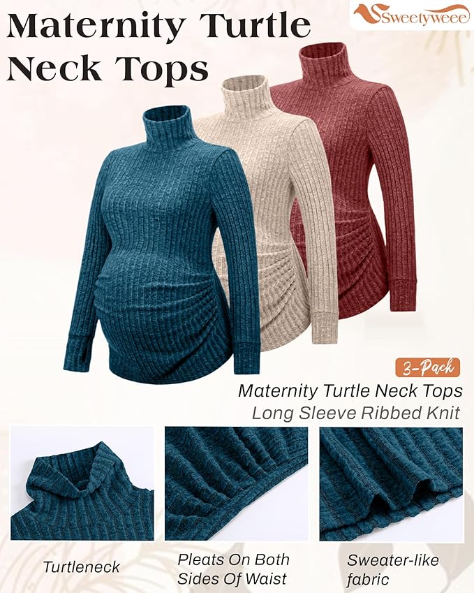 3 Pack Maternity T-Shirts Pregnancy Tops Women Sweater Long Sleeve Turtleneck Ribbed Finger Sleeve Outfits