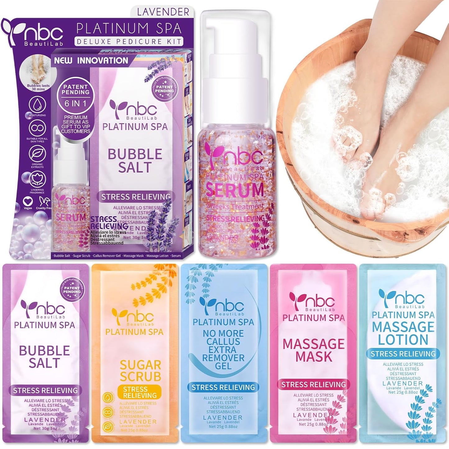 Pedicure Kit Foot Soak Set: Bubble Salt, Sugar Scrub, Massage Mask, Massage Lotion in a Box, 4 Step Foot Spa Kit for Dry Feet,Tired Feet(Lavender)