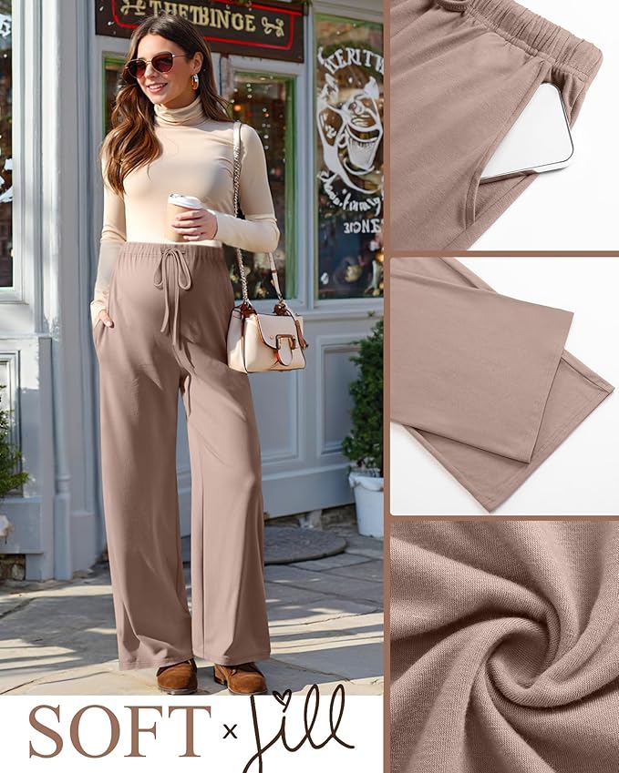 3 Pack Maternity Pants for Women Over The Belly Lounge Work Pregnancy Pants Drawing Wide Leg Trousers with Pockets
