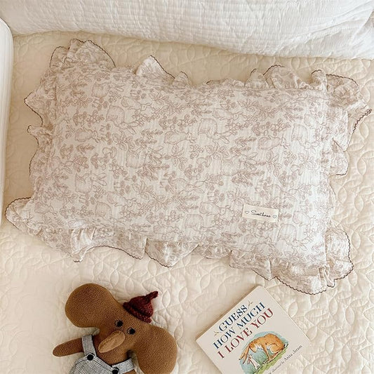 AOJIM Cute Muslin Kids Pillowcase with Forest Themed Pattern, Super Soft Cotton Crib Nursery Pillowcase 1PC for Boys Girls, Ruffled Edges Toddler Bedding for Room Decor, Machine Washable, 14x20 Inches