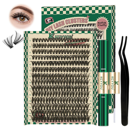 DIY Lash Extension Kit 280pcs Individual Lashes D Curl Eyelash Extension Kit KEYYOU 40D 9-18Mix Lash Clusters with Lash Bond and Seal and Lash Applicator for DIY at Home(KIT-40D-0.07D-9-18Mix)