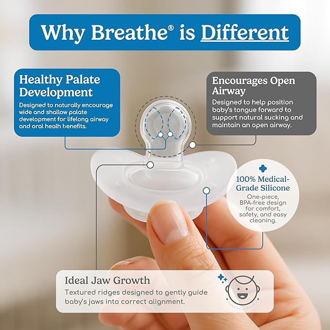 Breathe Baby Pacifier – Patented Design for Natural Oral & Facial Development - BPA-Free, Latex-Free, Pediatrician Developed - Dishwasher Safe 2 Pack (Stage 1: 0-3 Months)
