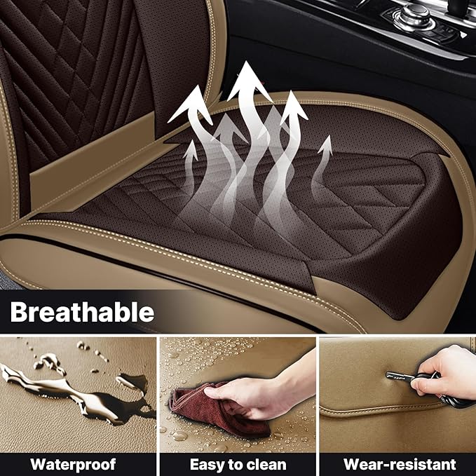 Car Seat Cover Full Set, Seat Cover for Car, Car Seat Cover Car Seat Protector Waterproof Leather Car Seat Cushion Full Coverage Seat Cover Front Seat Fit for Most Cars(2 Seat,Brown&Beige)