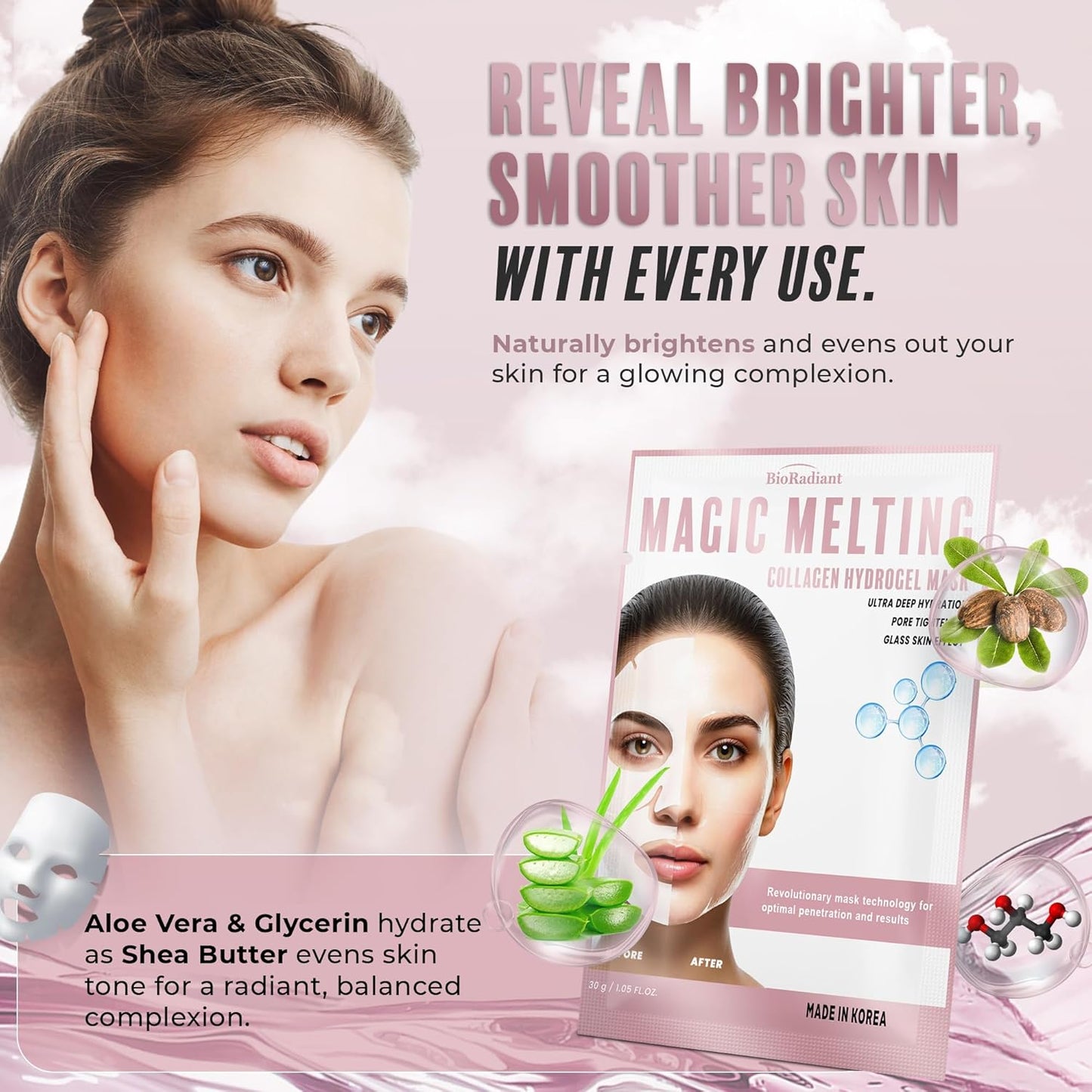 Magic Melting Face Mask - Collagen Ultra Hydrating Overnight Hydrogel Mask, Pore Minimizer For Face with Glass Skin Effect - Vegan, Clean Beauty, Made in Korea - Pack of 6