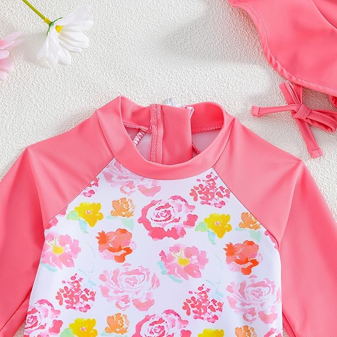 WOLBAY Baby Girl Swimsuit Long Sleeve One Piece Rash Guard with Sun Hat Zipper Bathing Suit Size 0-2T