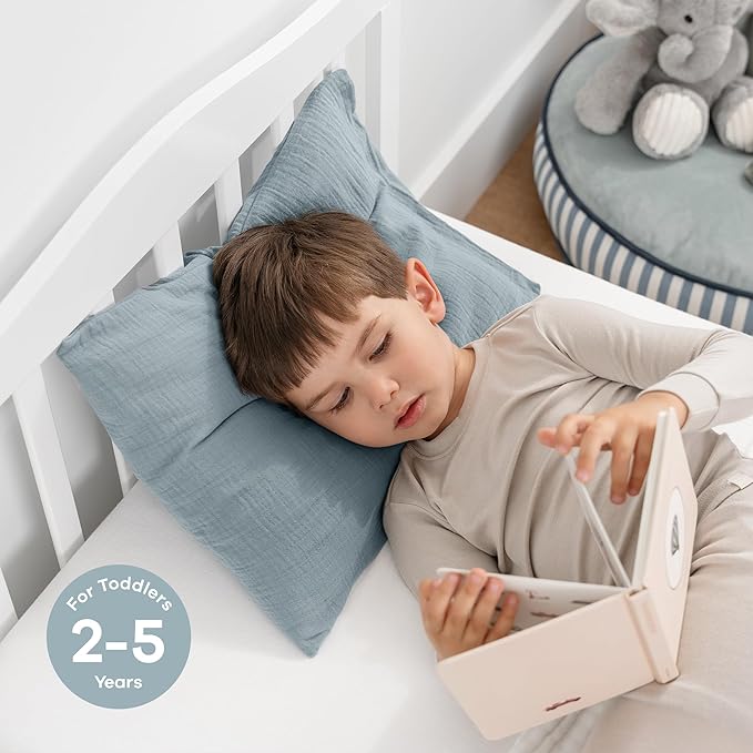 Comfy Cubs Toddler Pillow with Muslin Pillowcase, 13 x 18 in, 2 Pack - Travel and Sleep Support for Kids - Lightweight, Breathable Microfiber Fill - Soft & Cozy Small Pillow for Toddler Pacific Blue
