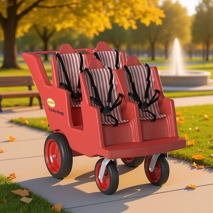 Children’s Factory 4 Passenger Bye-Bye Buggy, Red-White Seats, AFB6300F, Daycare or Preschool Stroller for Infants, Toddlers and Kids, Canopy Sold Separately
