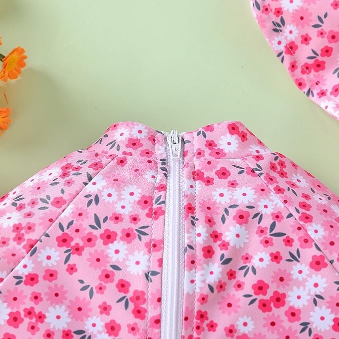 WOLBAY Baby Girl Swimsuit Long Sleeve One Piece Rash Guard with Sun Hat Zipper Bathing Suit Size 0-2T