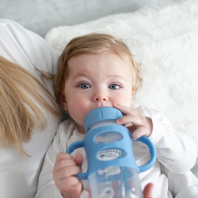 Dr. Brown's Milestones Wide-Neck Sippy Spout Bottle with 100% Silicone Handles, Easy-Grip Handles with Soft Sippy Spout, 9oz/270mL, Light-Blue & Gray, 2-Pack, 6m+