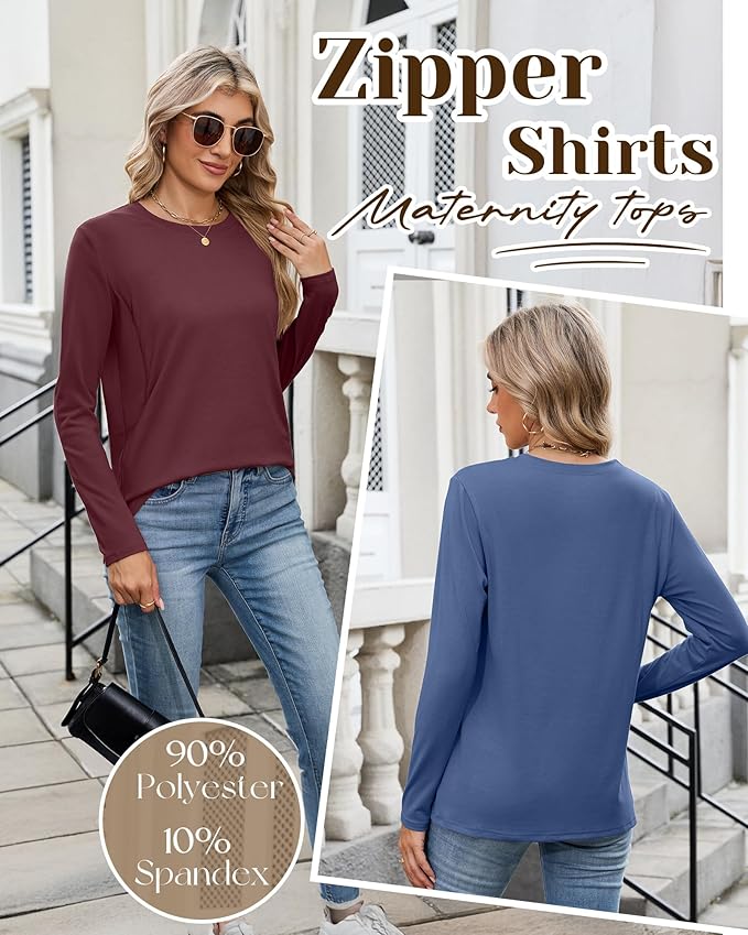 4 Pack Women's Nursing Breastfeeding Tops, Long Sleeve Maternity Shirts Loose Fit Hidden Zipper Pregnancy Clothes