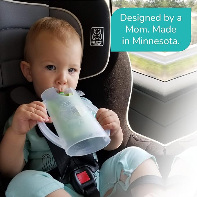 Flipping Holder Squeeze Proof Food Pouch Holder for Toddlers, Babies, Kids, Mess Free No Squeeze Juice Box Drink Holder with Easy Grip Handles and Lid - Made in USA (White 3 Pack)