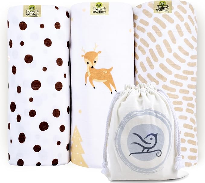 BabySparrow 3 Pack Muslin Swaddle Blankets - Soft, Lightweight, Breathable Cotton Newborn Swaddle, Baby Girl and Baby Boy Receiving Blankets, 47 x 47 Inches, Nursery Essentials