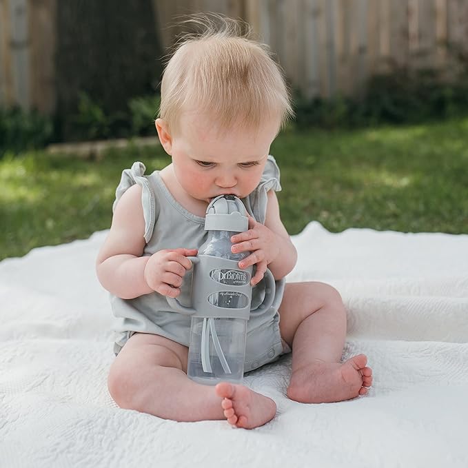 Dr. Brown's Milestones Narrow Sippy Straw Bottle, Spill-Proof with 100% Silicone Handles and Weighted Straw, 8 oz/250 mL, Gray, 6m+