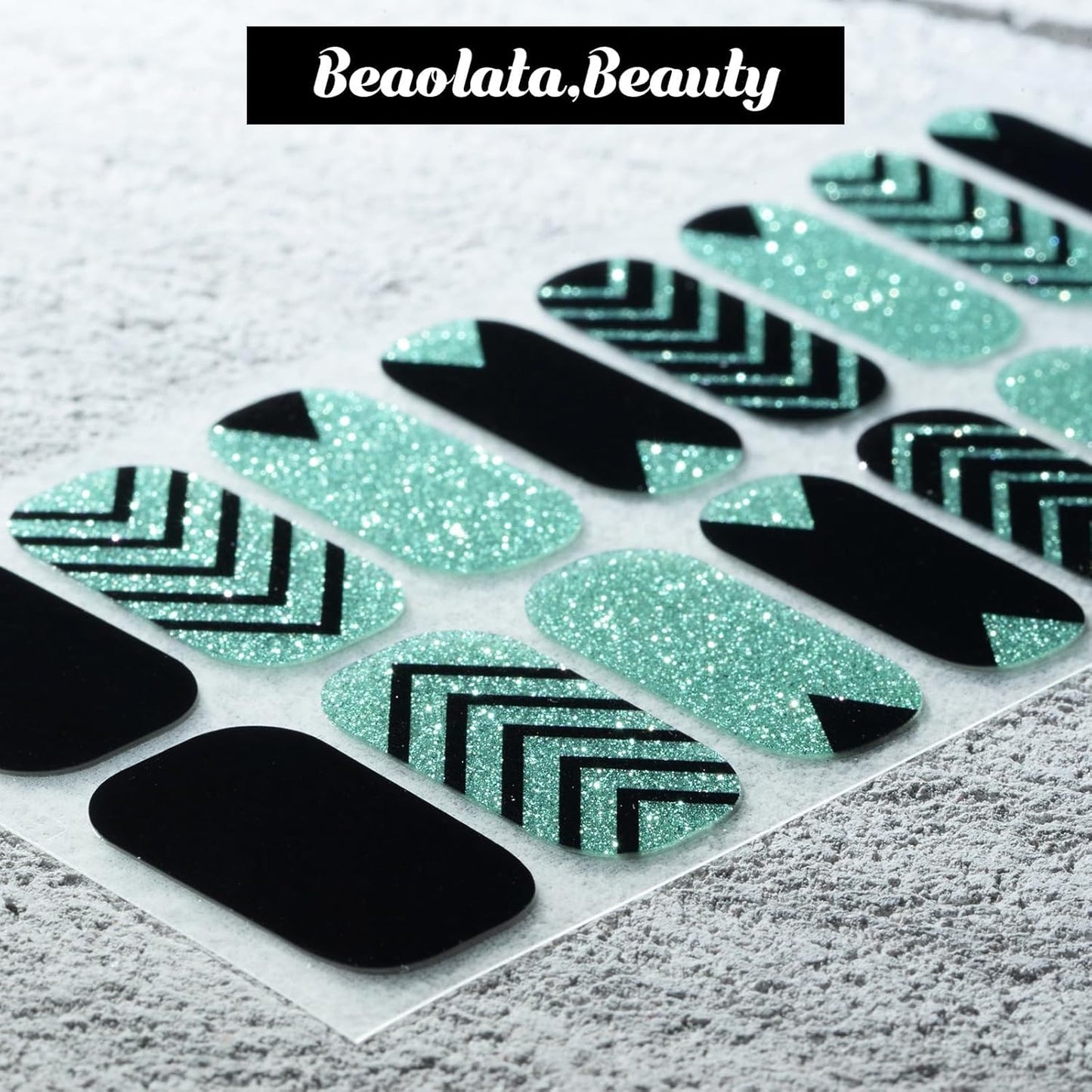 Nail Polish Strips, 32PCS Salon Quality Wraps, Long Lasting Gel Nail Stickers for Women Easy Apply& Remove (Geometry Green Glitter)