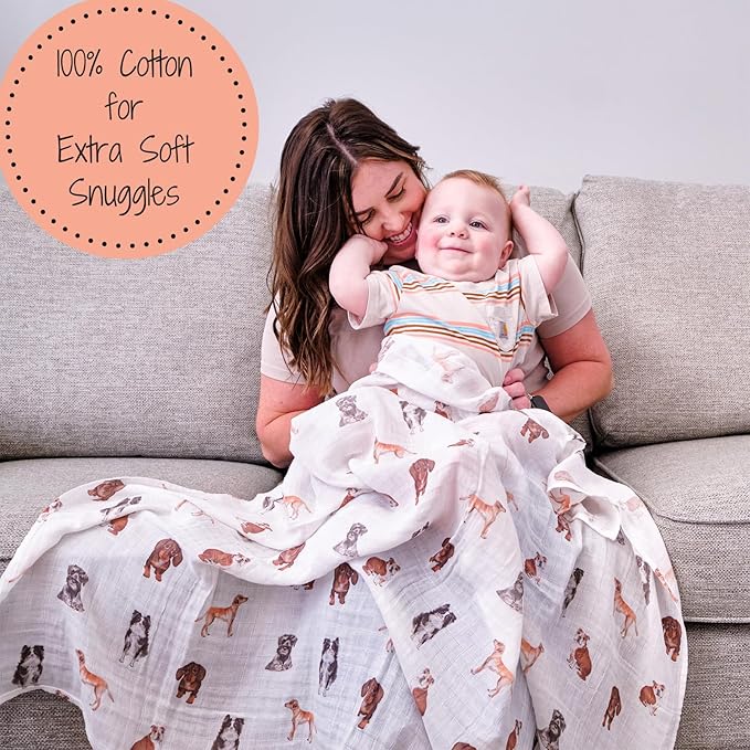 LollyBanks Swaddle Blanket, 100% Cotton Muslin Swaddle Blankets, Neutral Swaddle Blanket 47 x 47 Inches, Baby Blanket for Boys and Girls, Baby Essentials, Registry (Dogs Print)