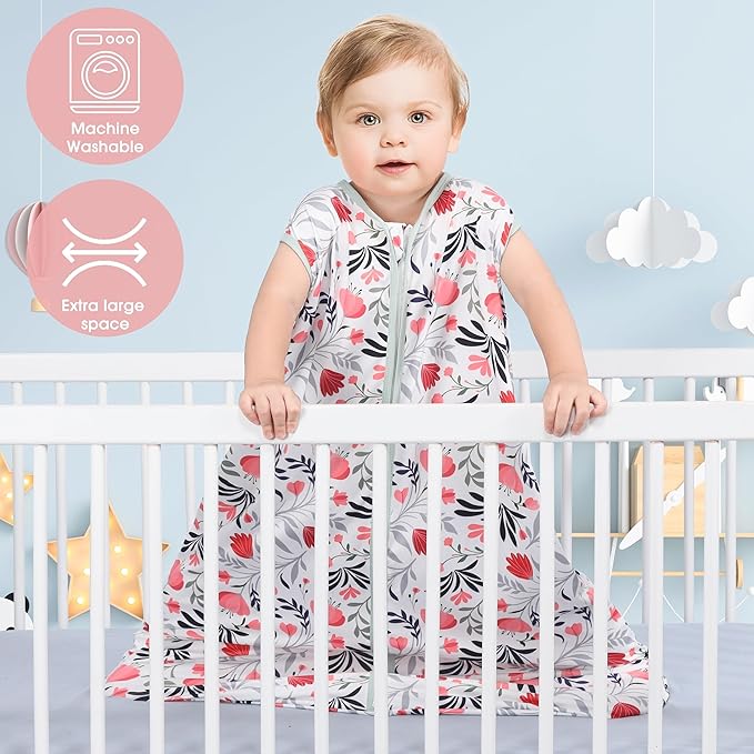Baby Sleep Sack 0-6 Months 3 Pack Baby Wearable Blanket 100% Rayon Cotton 2-Way Zipper Toddler Sleeping Sack .Comfy Soft Lightweight TOG 0.3 (Banana&Flower&Pink)