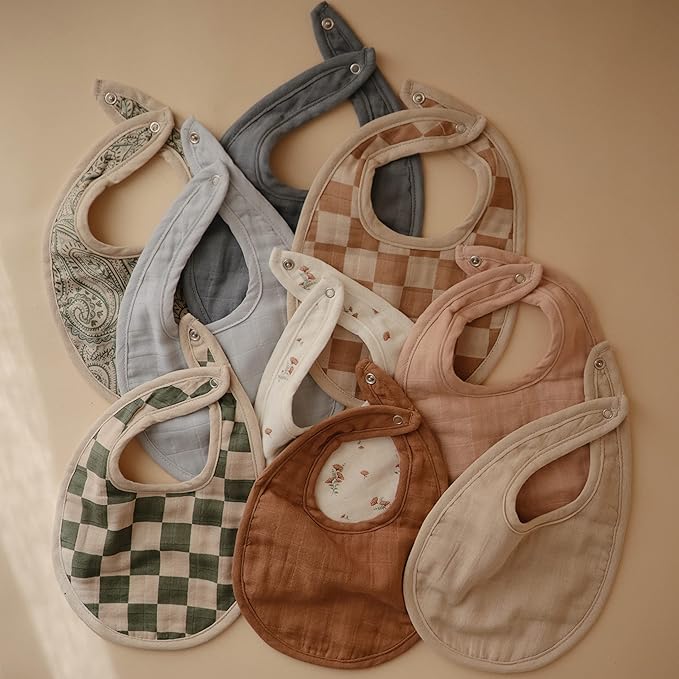 mushie Muslin Baby Bib | Soft Cotton for Infant Drips, Drools & Feedings | Adjustable Fit | 2 Pack