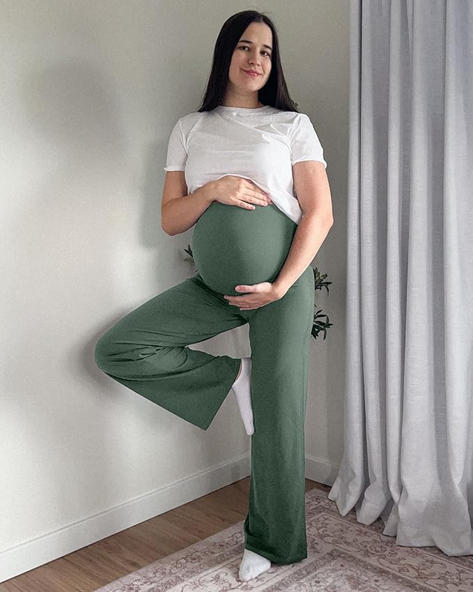 G4Free BareFeel Maternity Dress Yoga Pants Over The Belly Stretchy Work Slack Pregnancy Wide Leg Lounge Trousers