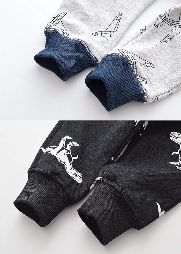 HUAER& Baby Boy's Jogger Pants Dinosaur Car Animal Print Drawstring Elastic Sweatpants 2-Pack
