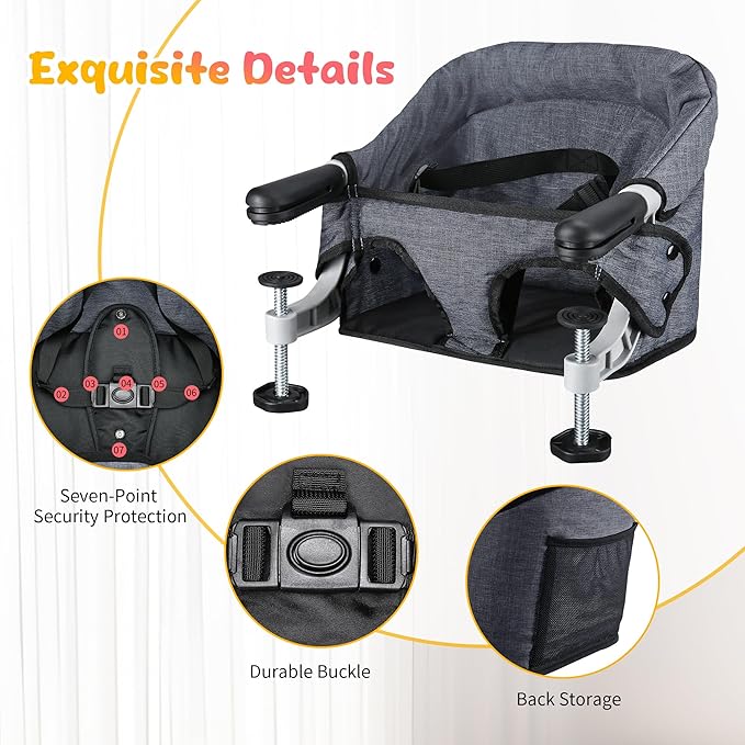 Hook On High Chair - Portable & Foldable Feeding Seat for Babies 6-36 Months, Home & Travel Use with Carry Bag (Grey)