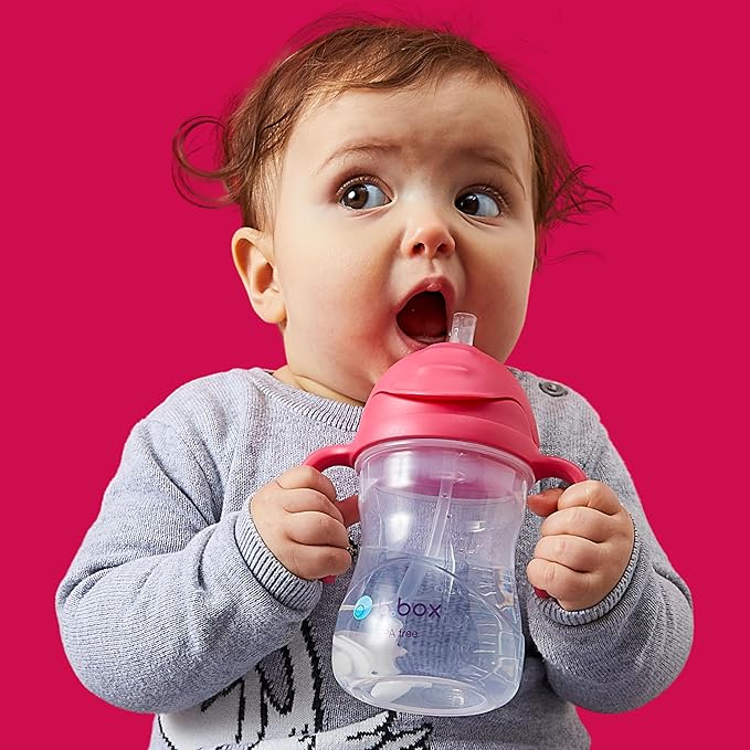 b.box Sippy Cup with Weighted Straw (2-Pack). Leak Proof, Easy Grip. BPA Free & Dishwasher Safe. Ideal for Babies 6m+ to Toddlers (raspberry + tutti fruitti, 8oz)