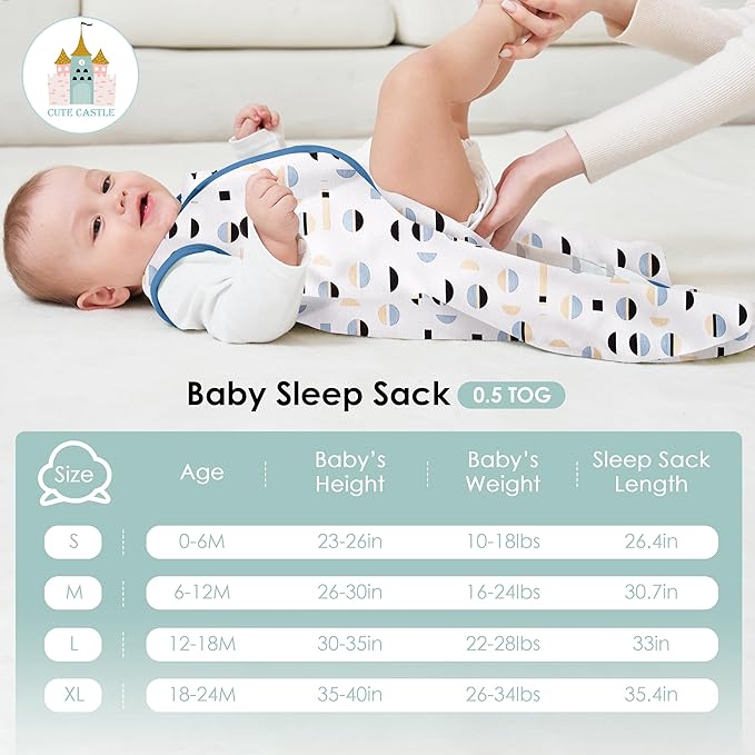 Cute Castle Baby Sleep Sack 0-6 Months - Lightweight 100% Cotton 2-Way Zipper TOG 0.5 Infant Wearable Blanket, Newborn Essentials Toddler Sleep Clothes (3 Pack Blue)