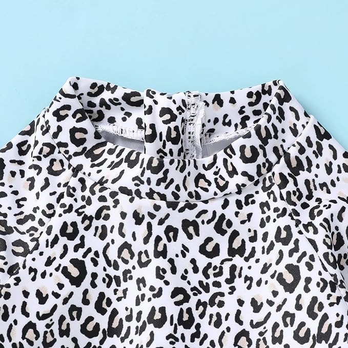 Infant Baby Girl Swimsuit One-Piece Long Sleeve Rash Guard with Hat Set Floral Zipper Bathing Suit Leopard Beach Wear