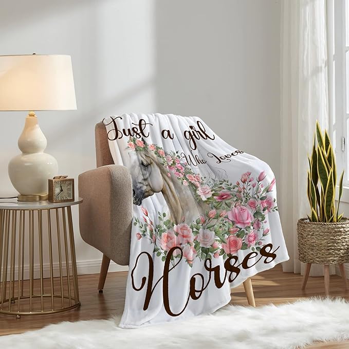 Just A Girl Who Loves Horses Throw Blanket for Women Men Flowers Animals Blanket Gifts for Adults Cute Horse Lightweight Blanket 60X80 Inches for Bed All Season
