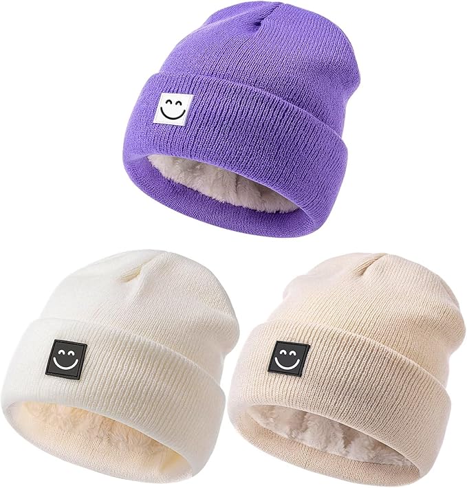 Baby Beanie Hat 3 Packs with Cute Smiley Face, Toddler Girls Boys Baby Hats Winter, Kids Winter Hat Cold Weather