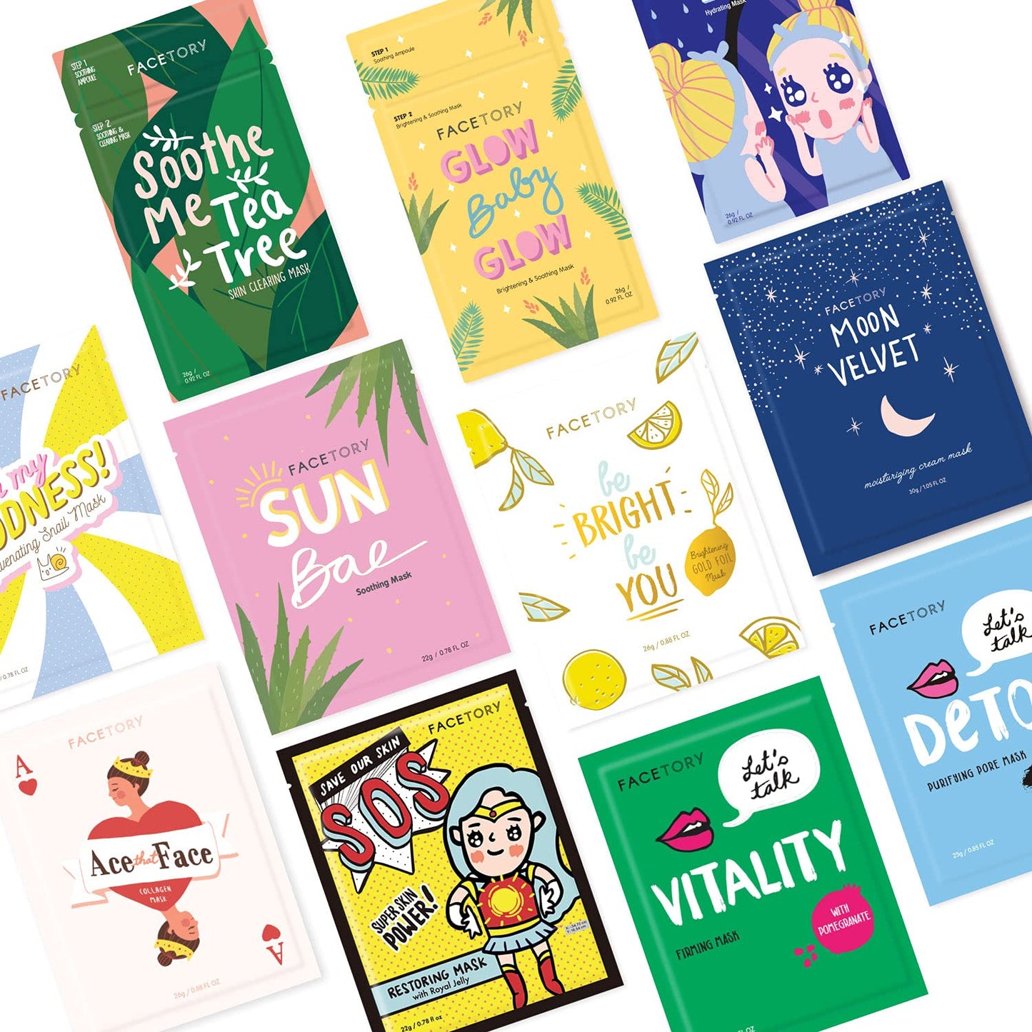 FACETORY K Beauty Face Mask Skin Care - FAVORITE 11 COLLECTION Sheet Mask Set | Natural Premium Korean Face Mask For All Skin Types - No Sulfates No Parabens (11 pc)