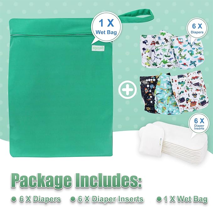 wegreeco Cloth Diapers 6 Pack with 6 Inserts & 1 Wet Bag, Washable Cloth Diapers for Babies, One Size Adjustable Reusable (Car, Airplane)