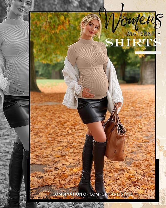 4 Packs Womens Maternity Shirts Long Sleeve Cotton Ribbed Pregnancy Mock Neck Side Ruched Workout Tops for Mama
