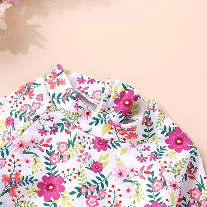Infant Baby Girl Swimsuit One-Piece Long Sleeve Rash Guard with Hat Set Floral Zipper Bathing Suit Leopard Beach Wear