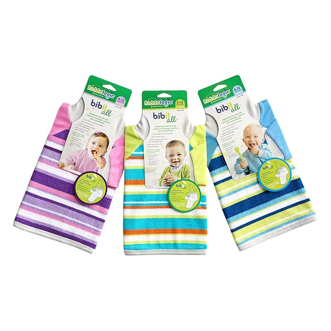 Kiddologic Bibit-all Baby Feeding Bib, Long Sleeves, Ribbed Cuffs and High Collar, Stretchy Pullover Smock, Soft Absorbent Terry, Waterproof Lining, Infant Girl 6-12 Months, Wild Orchid (Pink) Stripe