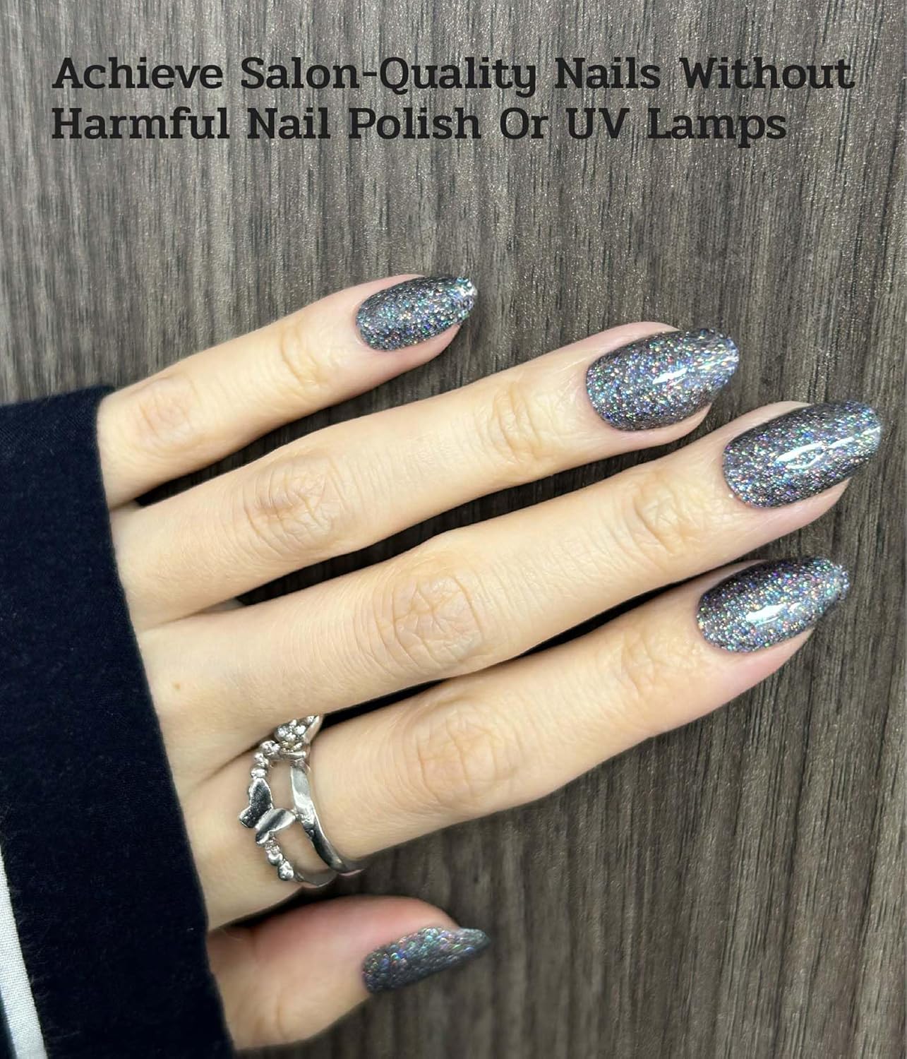 Nail Polish Strips - 22 Pcs Salon Quality Gel Nail Stickers - Long Lasting Wraps (Mystery Black Glitter)