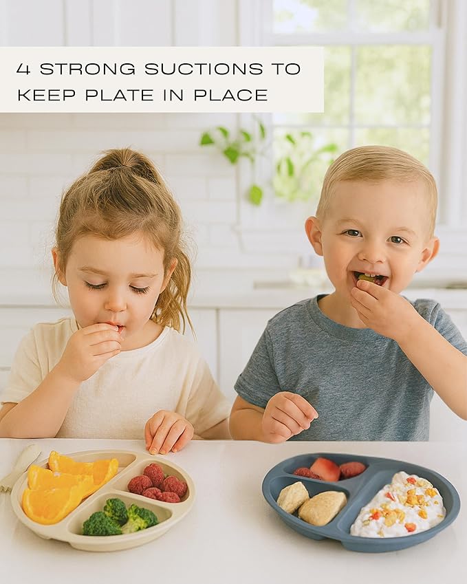 Hippypotamus Toddler Plates with Suction - 100% Food-Grade Silicone Baby Plates with Lids - Microwave & Dishwasher Safe - BPA Free - Set of 3 (Fog/Nude/Sage with LIDS)