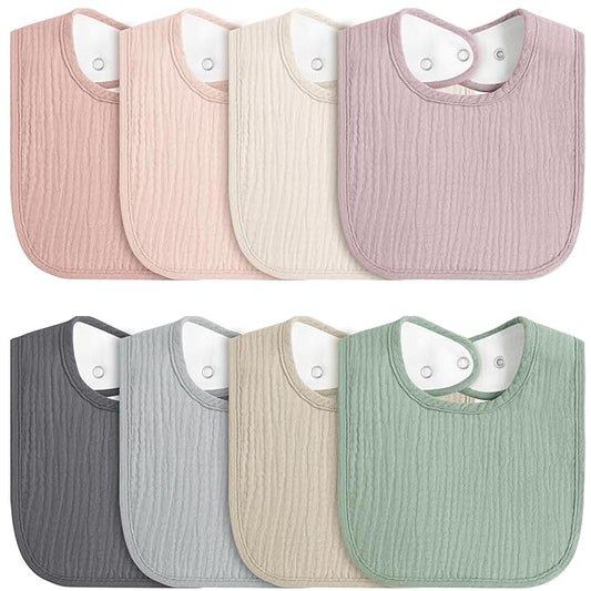 8-Pack Baby Muslin Bibs, Soft Cotton Drool Bibs for Boys Girls, Adjustable and Absorbent Newborn Bib Set for Feeding and Drooling