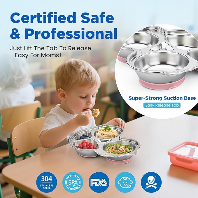 Stainless Steel Baby Suction Plates: Divided Plates Designed for Babies and Toddlers, Made of 100% Food-Grade Materials Ideal for Baby-Led Weaning BPA-Free Toddler Feeding Dishwasher Safe PINK