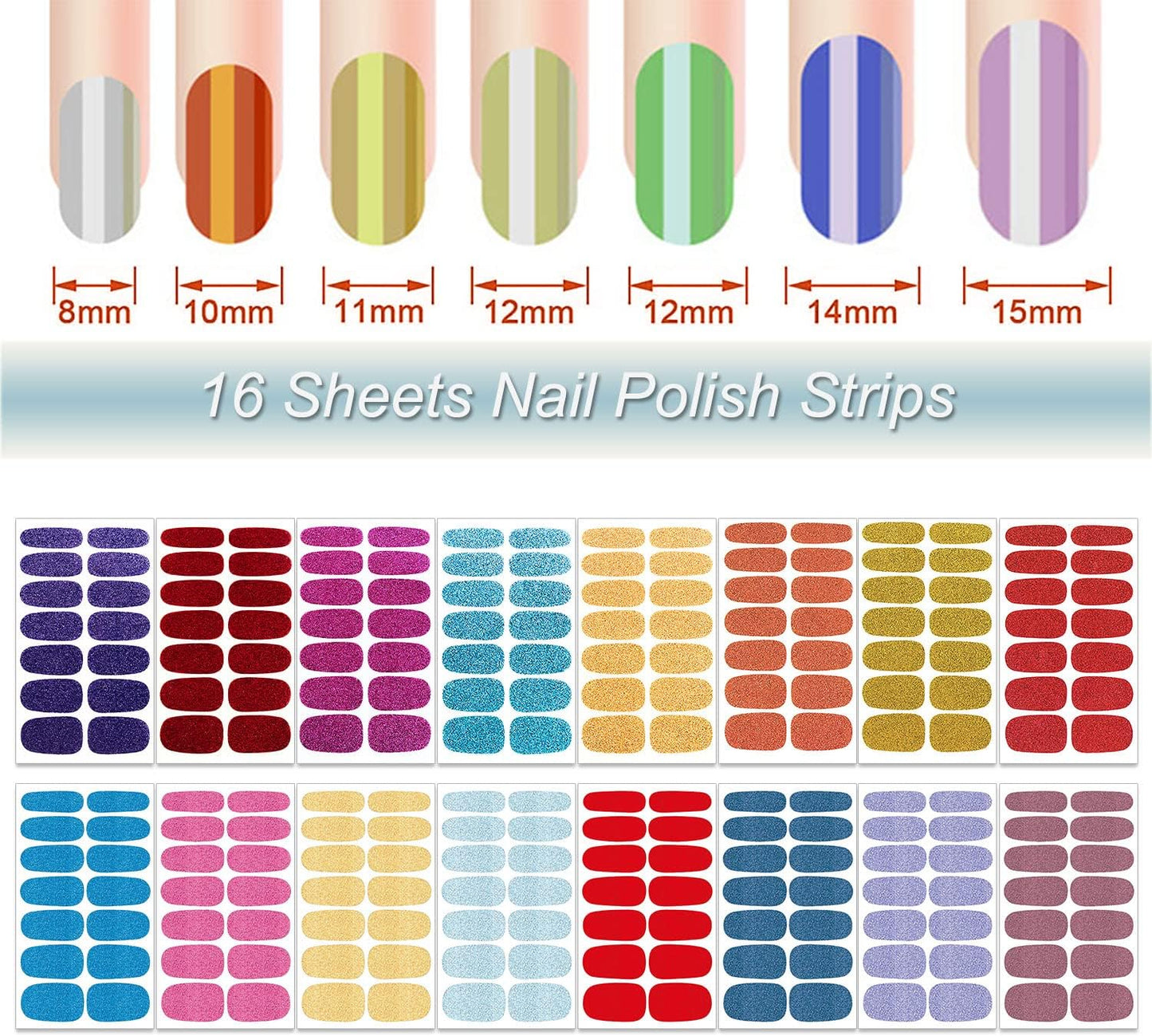DANNEASY 16 Sheets Nail Wraps for Women Nail Polish Strips Solid Self Adhesive Gel Nail Stickers Gel Strips Nails Art Accessories with 1pc File, Cuticle Stick (Glitter)