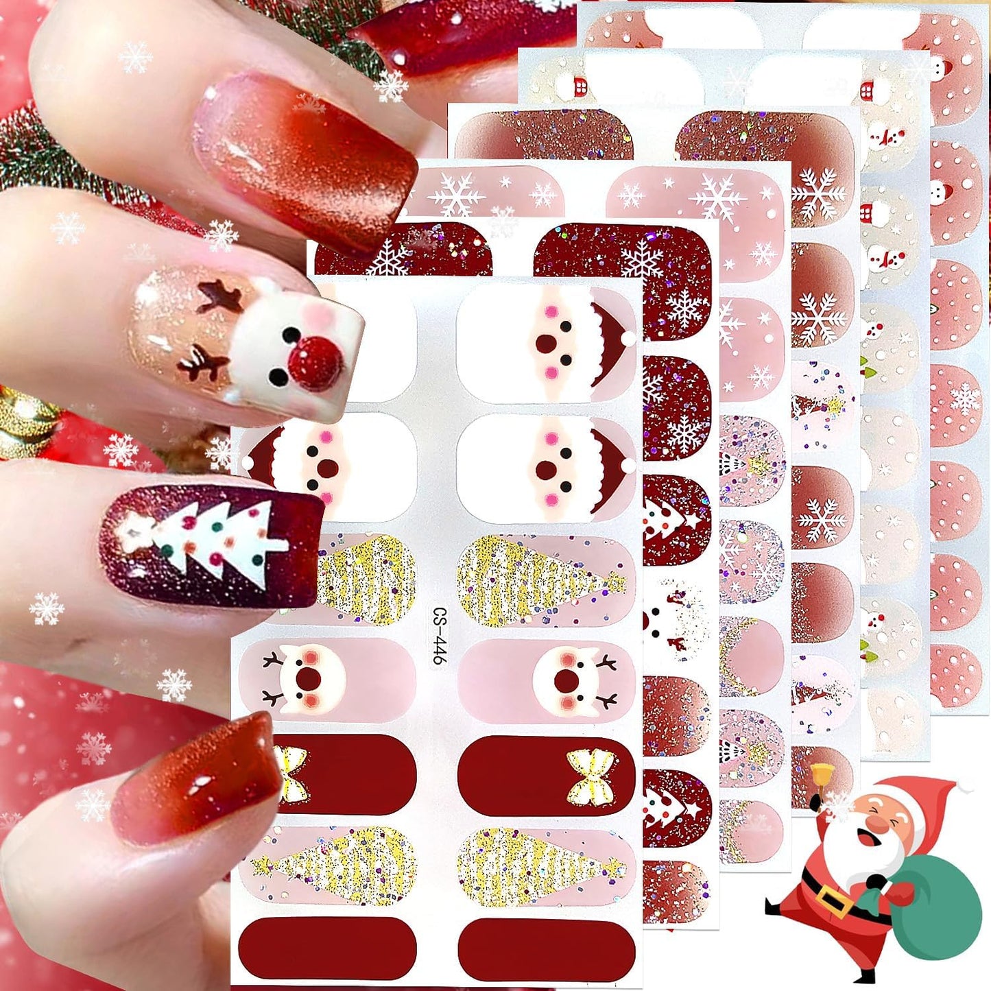 6 Sheets Christmas Nail Wraps Stickers 3D White Snowflake Nail Polish Strips Self-Adhesive Winter Holiday Full Wraps with Xmas Trees Santa Reindeer Gel Nail Stickers for Women Girls Acrylic Nails DIY