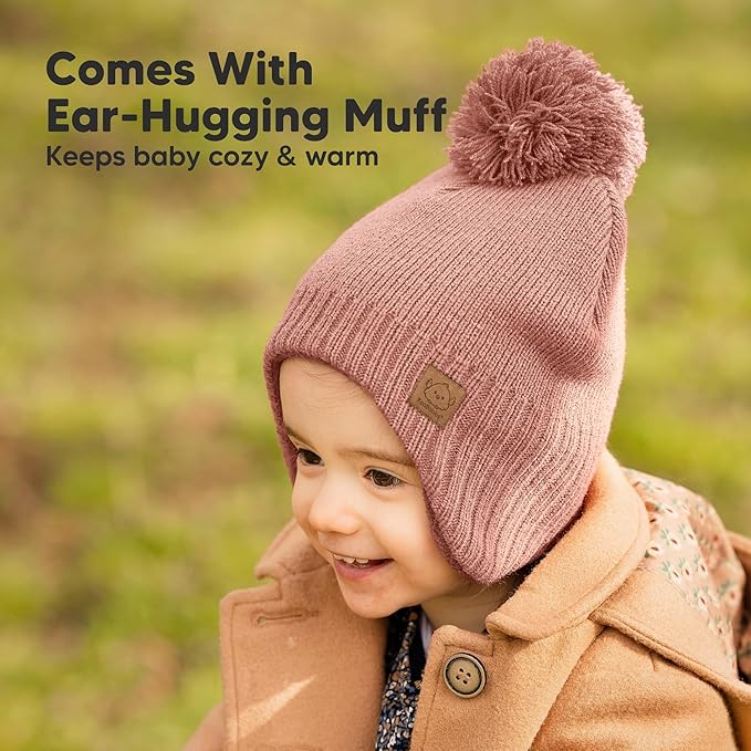 Baby Beanies, Baby Hats for Boys, Girls - Cute Toddler Winter Hat, Soft & Stretchy Beanies for Infant, Newborn 6-36 Months, Cozy & Warm with Earflap Muff & Pom (Tea Rose)