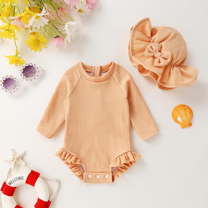 YOUNGER TREE Infant Baby Girls Swimsuit Long Sleeve Swimsuits One Piece Swimsuit Solid Color Bathing Suit with Hat, UPF 50+